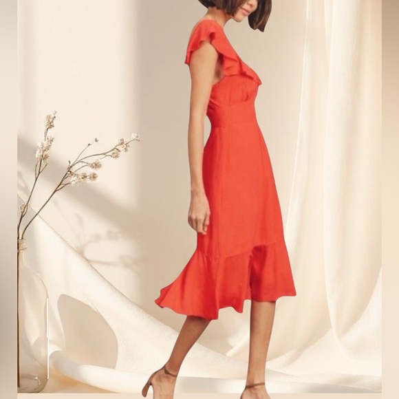 Topshop Dresses & Skirts - Red Tangerine Mix Midi Dress Flutter Ruffle Sleeves with Ruffle Hem